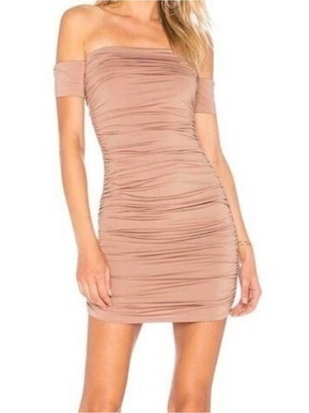 Superdown Revolve Elora Ruched Off-the-Shoulder Mini Dress in Taupe / Size M
